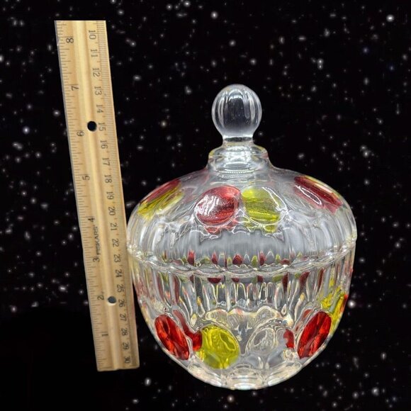 Flashed Art Glass Covered Dish Bowl W Lid Thumbprint Pattern Red Yellow 7”T 5.5” - Picture 4 of 10